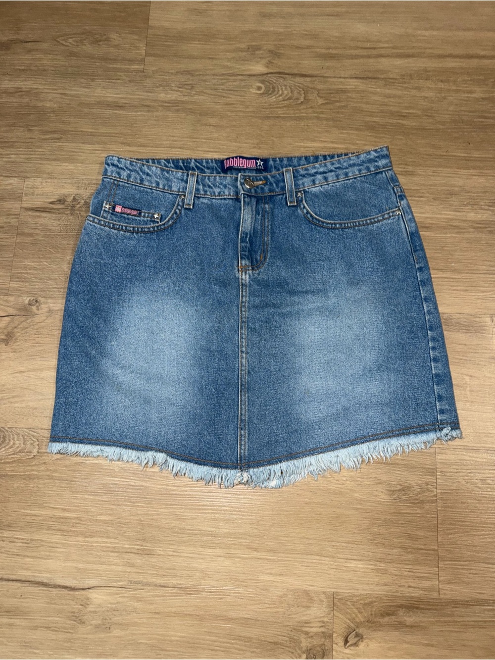 Bubblegum Light Blue Frayed-Hem Denim Mini Skirt